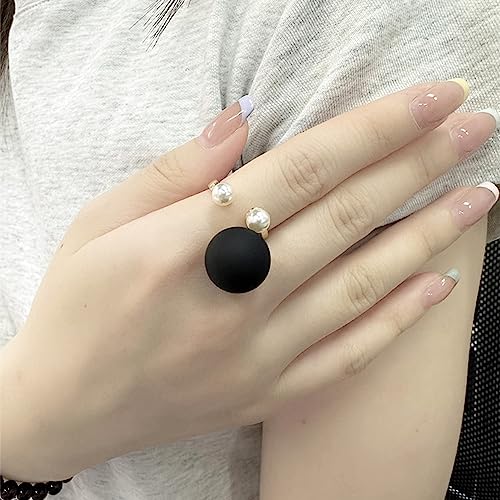 Big Matte Ball Statement Open Wrap Ring for Women Double Shell Pearls Black Ball Finger Rings Comfort Fit Fashion Punk Wedding Promise Party Jewelry Unique Size 82