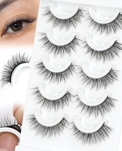 EMEDA Natural Look Pre Glued Eyelashes 5 Pairs Press-on Strip Eyelash Self Adhesive Lashes Soft Wispy Lash No Glue Need Fake lashes (EMEDA-BB)