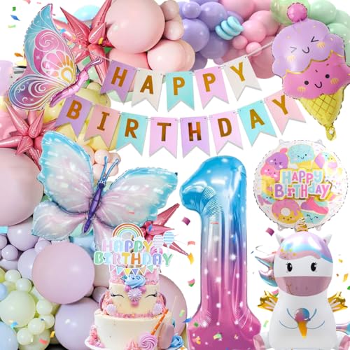Decoración Cumpleaños Niñas 1 Año, Globos Decorativos Fiestas Infantiles, Decoración Cumpleaños Temática Unicornio Niños, Decoración Globos Unicornio Mariposa para Decoración Cumpleaños 1 Año Niñas