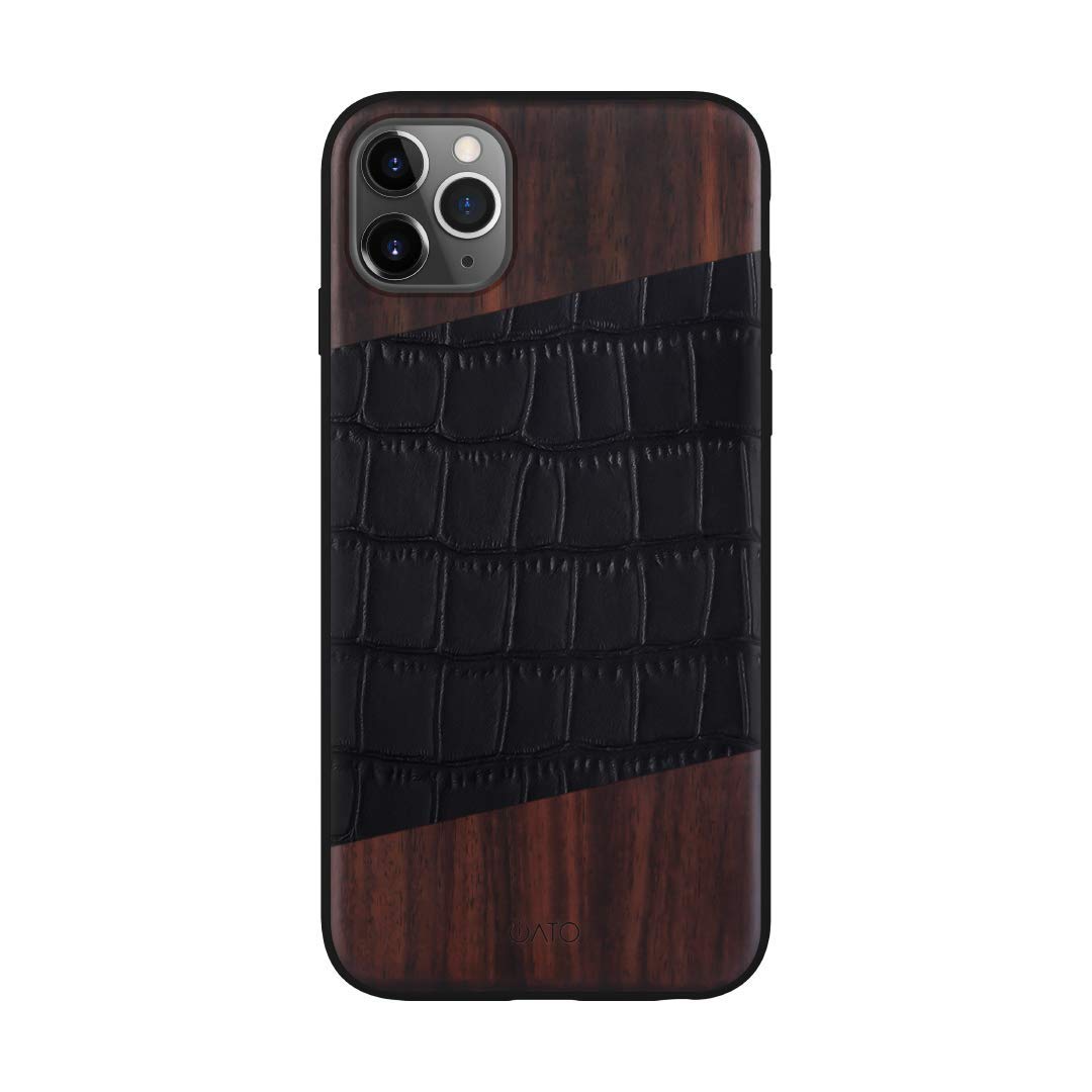 iATO iPhone 11 Pro Wood Case [Wireless Charging Compatible] Real Bois de Rose Wood & Genuine Black Croco Grain Leather [Protective] Cover. [Unique & Classy] Accessory for iPhone 11 Pro 5.8 inch