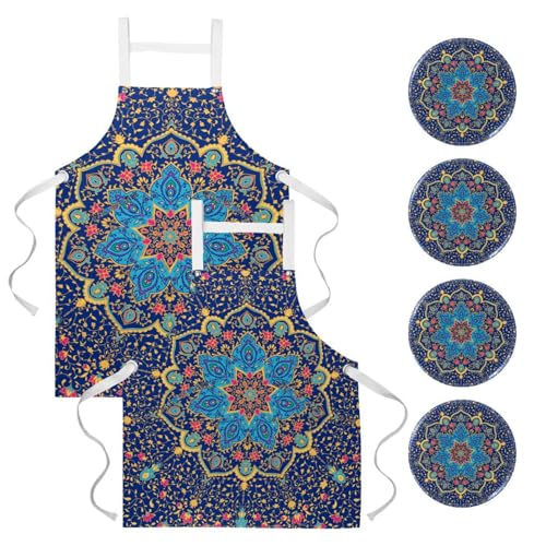 Tablier de serveuse mandala bleu pour la pâtisserie, le bistrot et le nettoyage de la maison