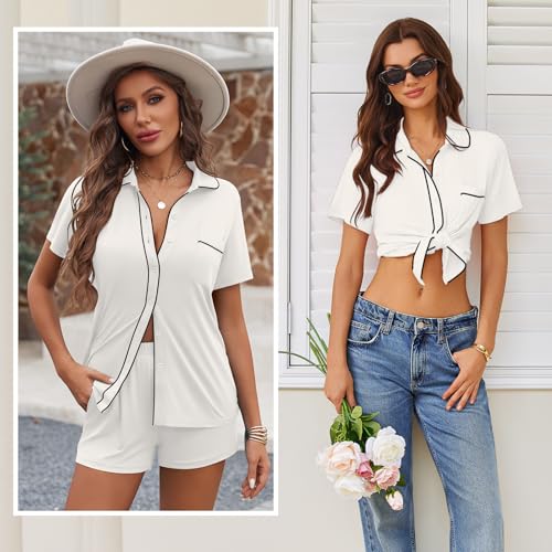 Image of Ekouaer Womens Pajama Sets Button Down Lounge Set 2 Piece Loungewear Soft Sleepwear Short Sleeve Pjs with Pockets
