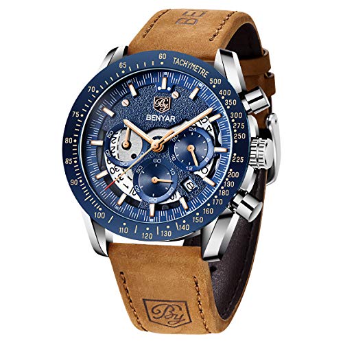 BENYAR Heren Horloges Chronograaf Analoog Quartz uurwerk Watch Men Leren armband Polshorloge Stijlvol Zakelijk Sport Waterdicht Elegant Cadeau voor Mannen