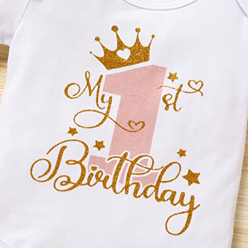 Image of GRNSHTS Baby Girl Birthday Cake Smash Outfit Toddler Girl My 1st Birthday Romper Tutu Skirt with Headband Clothes Set