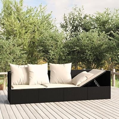 Gecheer Outdoor Lounge Bed with Cushions, Black Poly Rattan Patio Furniture with Adjustable Backrest, Steel Frame for Garden, Poolside Relaxation