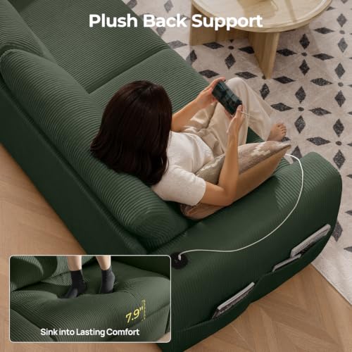 Image of 88.6 inch Modern Storage Loveseat Sofa, Small Couches for Living Room, Green | Corduroy, USB Charging, Pull-Out Storage, Deep Seat, Comfy Love Seat for Small Spaces, Apartment, Bedroom, Dorm, Office
