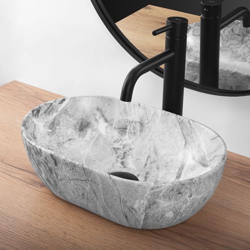 Rea Aufsatzwaschbecken MINI STONE MATT, Waschtisch Handwaschbecken Bad Waschschale Waschbecken für Badezimmer 380 x 260 x 120 mm aus Keramik (Steinoptik)