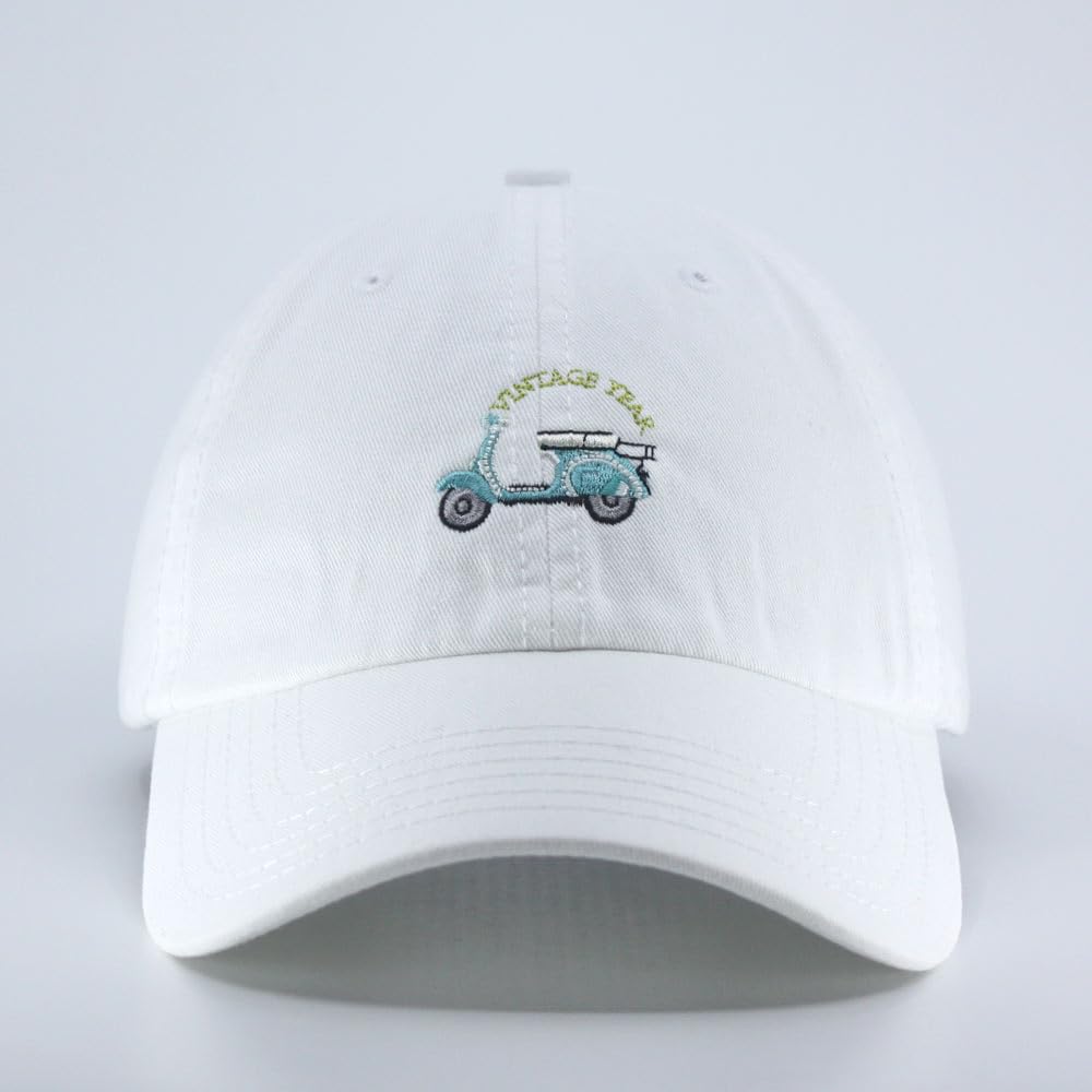 Classic Vintage Car Embroidered Washed Cotton Adjustable Dad Hat Baseball Cap (Scooter White)
