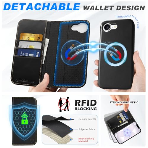 SHIELDON Removable Case for iPhone 17e&16e 6.1", Genuine Leather Book Wallet Magnetic RFID Blocking Card Slot Kickstand Shockproof Wireless Charging Cover Compatible with iPhone 16e - Retro Black by SHIELDON - Image 3