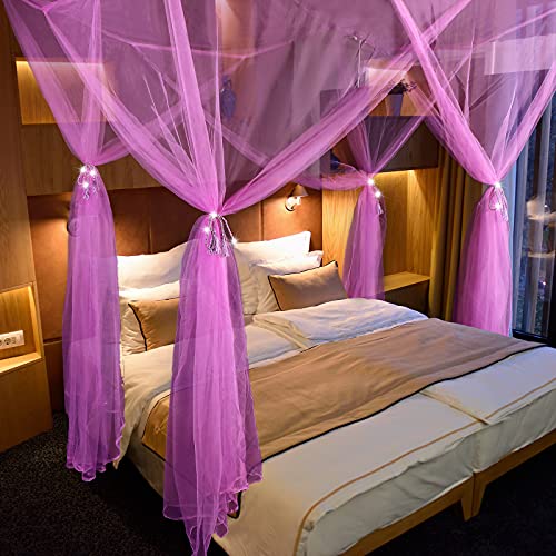 Cortinas con dosel de esquina púrpura confeccionadas para camas King con borlas exclusivas 8