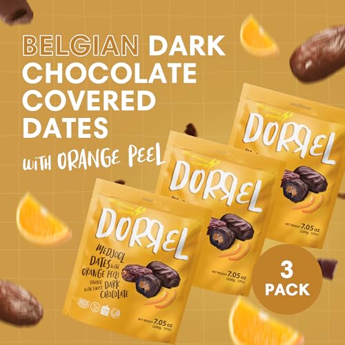 DORREL - Belgian Dark Chocolate Covered Dates (Medjool) with Candied Orange Peels Stuffing, High Energy Vegan Choco Snack, Tasty, Kosher & Non-GMO, Pack of 3 Stuffed Chocolate Dates 7.05 oz / 200 g Ea - Thumbnail 2