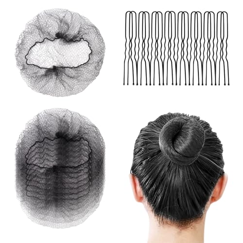 40 redes para el cabello negras con borde elástico invisible, malla invisible, redes para el pelo con 100 horquillas en forma de U para hacer moños, bailarina de ballet, cocina, servicio de comida