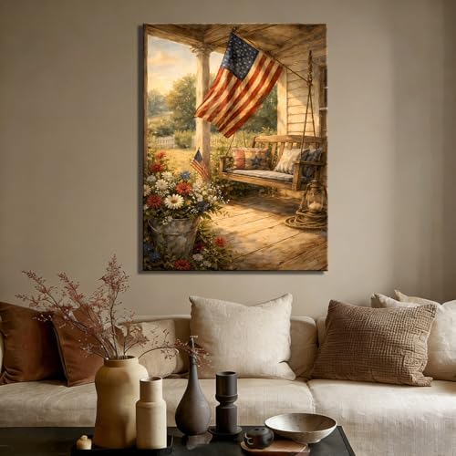 Image of RIBNTAK Patriotic Wall Art Canvas Prints Pictures, Rustic American Flag Porch Artwork Americana Farmhouse Independence Day Wall Decor for Living Room Bedroom, 4th of July Decorations for Home