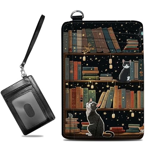 Image of Small Travel Wallets, Cat Library Slim Minimalist Front Pocket Wallet with Wristlet, RFID Blocking PU Leather Credit Card Holder with ID Window Change Purse for Men Women