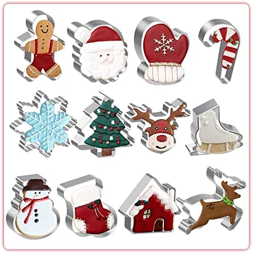 12 Pcs Christmas Cookie Cutter Set, Stainless Steel Metal Biscuit Molds, Xmas Holiday Dough and Cookie Cutter for Party Baking Gingerbread Santa Snowflake Cane Trees Snowman Stocking Reindeer Shape