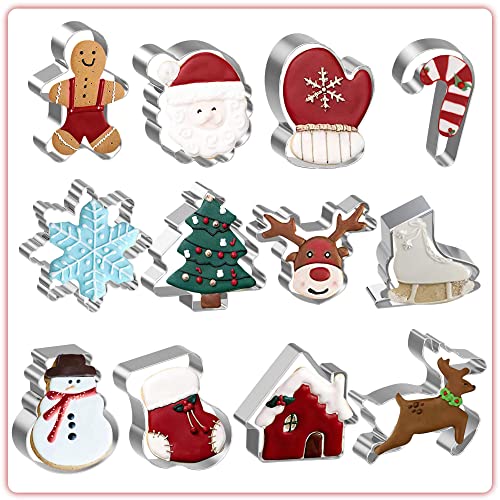 12 Pcs Christmas Cookie Cutter Set, Stainless Steel Metal Biscuit Molds, Xmas Holiday Dough And Cookie Cutter For Party Baking Gingerbread Santa Snowflake Cane Trees Snowman Stocking Reindeer Shape #TOP1