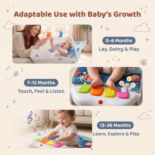 Image of StarAndDaisy Baby Musical Play Gym with Kick Piano & Hanging Toys, Play Gym for Babies 0 to 24 Months, Ergonomic Rocker with Mosquito Net for Sensory Play & Early Development