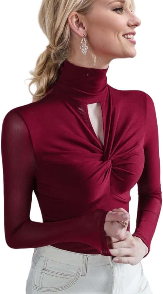 Women's Sexy Autumn Slim Fitting Long Sleeved Turtleneck Pullover Bottom Shirt Mesh Lace Perspectives T-Shirt Top. - Image 3