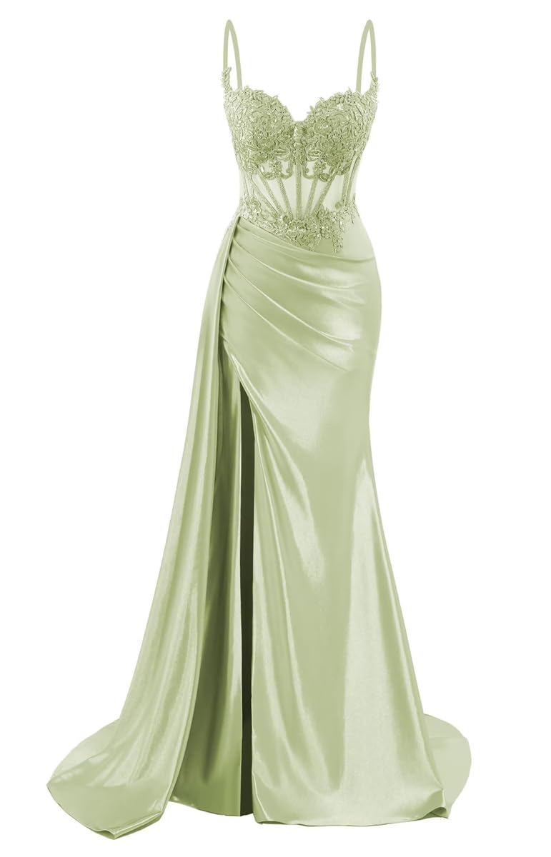Sayno Women's Sage Green Satin Bridesmaid Dresses For Wedding With Slit Mermaid Prom Gowns Cocktail Dresses Plus Size Hlsa239 Uk8