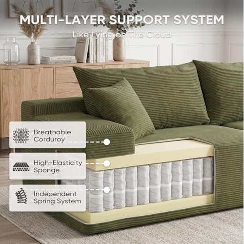 Image of Boneless Couch, 102.4 inch Sectional Couches for Living Room with L Shape Sofa | Cloud Couch Sectional with Chaise, Modular Cloud Sofa with Deep Seat, No Assembly, Green, Corduroy, Right Chaise