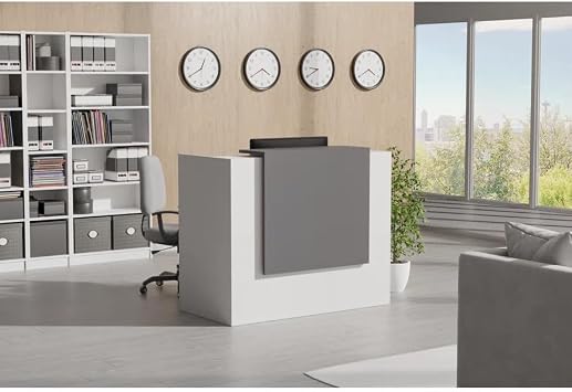 UGOS ICN 53" Modern Reception Desk, Multifunctional Modern Transaction Counter Top, Laminate Desktop, Standing Front Table for Office, Home, School, Salon, Spa - White & Anthracite Gray