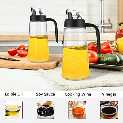 Aceshop Oil Dispenser Auto Flip Olive Oil Glass Bottle 630ml Leakproof Condiment Container Non-Drip Spout Olive Oil Bottle with Automatic Cap and Stopper Oil Vinegar Dispenser for Kitchen Cooking