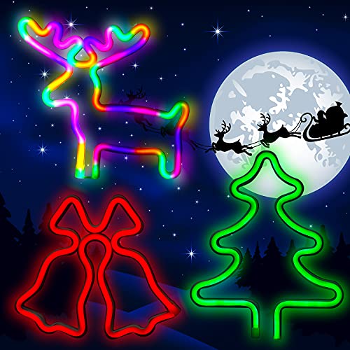 3 Pieces Christmas Neon Sign Christmas Tree Colorful Reindeer Night Light Red Bells Neon Signs LED Lamp Wall Decor USB and Battery Powered for Kids Room Bar Christmas Parties (Batteries not Include)