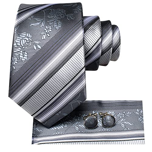 Dubulle Grey Stripes Tie Set For Men Silk Mens Floral Silver Neckties Handkerchief Cufflinks Wedding #TOP1