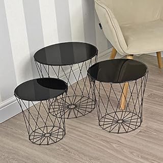 URBNLIVING Nesting Tables Set of 3 End Tables Living Room Mesh Wire Coffee Table Black Bedside Glass Mirrored Top Side