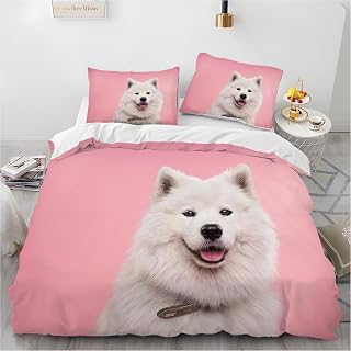 phonxia White Samoyed Single Duvet Cover Set Bedding Set with Zipper Closure Anti-Allergic for Teenagers Comforter Cover Breathable Soft Microfiber Quilt Cover Set 155x220 cm + 2 Pillowcases