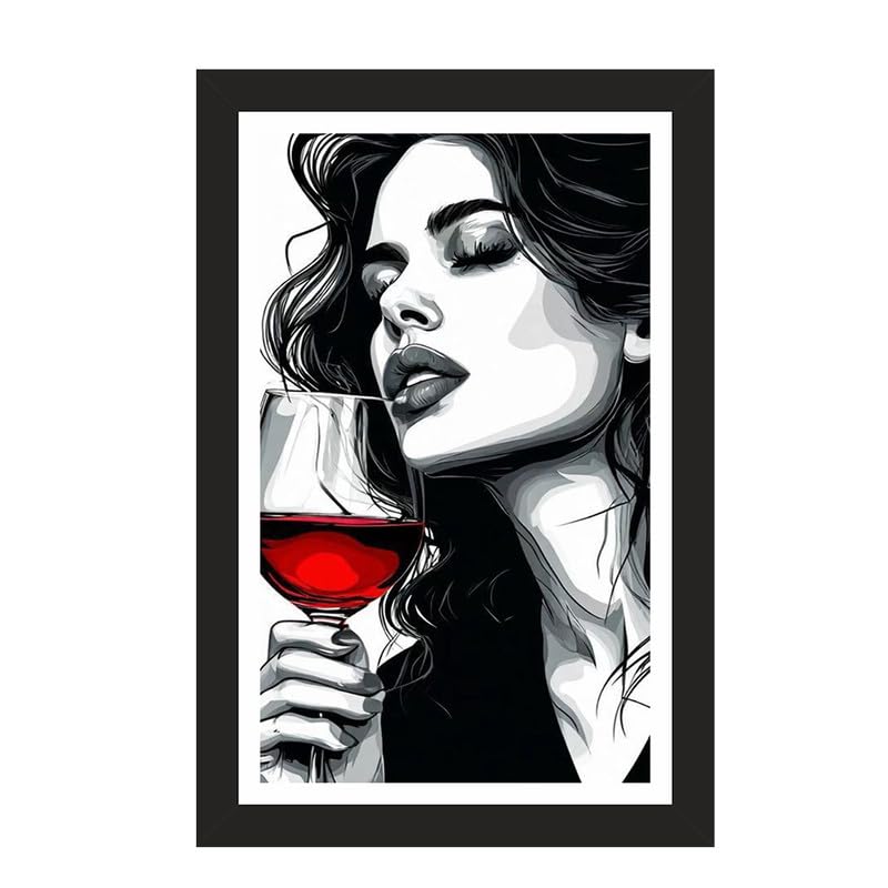 Decor Smart Wine Girl Black White Framed Wall Art for Dining Room | Red Wine Poster with Black Frame | Fashion Portrait Painting for Cafe Bar Decor | Premium Wall Gift Home | PFDS_1PCS_0185B-image-1