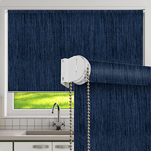 Custom Size 100% Blackout Navy Textured Window Roller Shades Blinds, Easy Installation for Home and Office