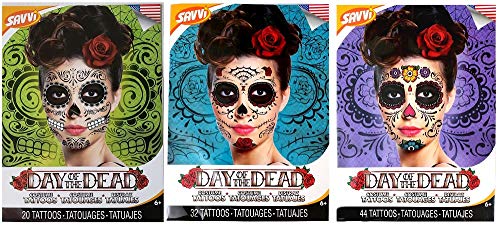Day of The Dead Temporary Costume Face Tattoos - Bundle of 3 Designs