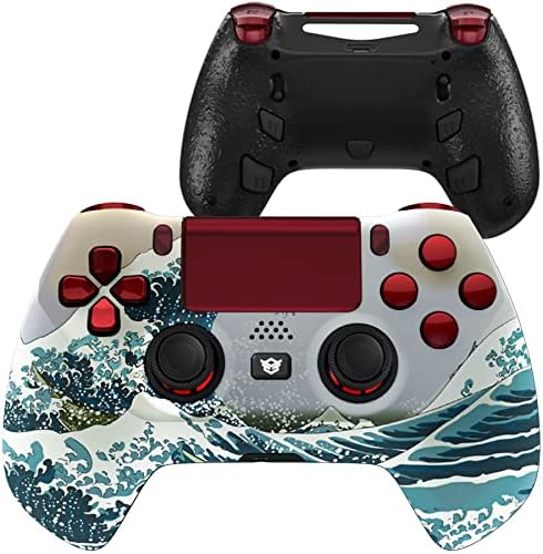 HEXGAMING Hyper HEX Controller 4 Mappable Paddles & Interchangeable Thumbsticks & Flashshot Compatible with PS4 Elite Controller PC Wireless FPS Esports Gamepad - The Great Wave Red