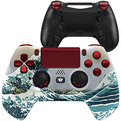 HEXGAMING Hyper HEX Controller 4 Mappable Paddles & Interchangeable Thumbsticks & Flashshot Compatible with PS4 Elite Controller PC Wireless FPS Esports Gamepad - The Great Wave Red