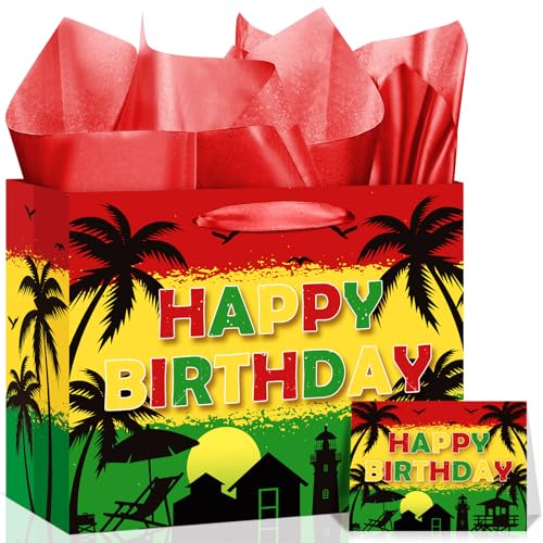 Reggae Gift Bag with Card & Wrapping Paper,Black History Month Gift Bag Rastafari Palm Tree Grafitti Happy Birthday for African American Party Favor,Jamaican Reggae Music Party Decoration
