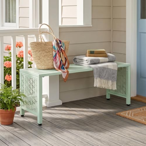 Image of VINGLI 40in Outdoor Metal Bench, All-Weathe Backless Patio Bench with Slatted Seat&Floral Side Panels, Rust-Resistant Garden Bench, Weatherproof Outdoor Seating for Porch Entryway Backyard (Green)