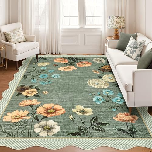 GarveeHome Floral Scalloped Washable Rugs 8x10, Non-Slip Low Pile Living Room Rugs 8x10, Soft Bedroom Rug Stain Resistance Boho Throw Rug with Rubber Back for Dining Room, Green