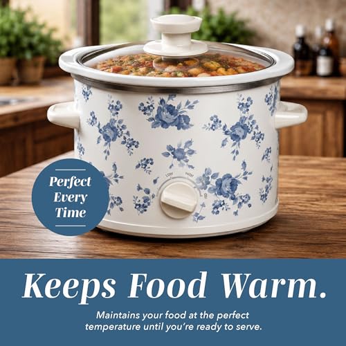 Image of COOK WITH COLOR 2QT Mini Electric Round Slow Cooker - Adjustable Settings, Removable Stoneware Pot, Tempered Glass Lid, Dishwasher Safe, Cool-Touch Side Handles, Floral Blue