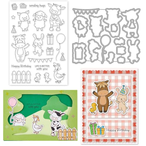 INFUNLY Farm Animal Clear Stamps and Dies Set Cattle Rabbit Transparent Silicone Stamps Animal Shape Happy Birthday Cutting Die for Card Making DIY Craft Scrapbooking Greeting Card Decor