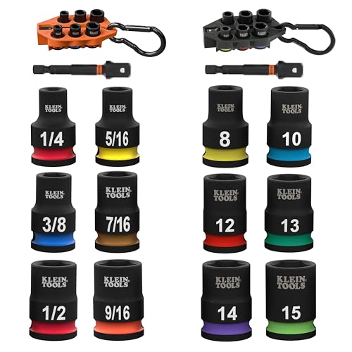 Image of Klein Tools 80206 Grab-And-Go Impact Socket Sets, SAE and Metric, 14-Piece Set with Sleeves, Carabiners, 3 /8-Inch Drive, Color-Coded, 1 /4-Inch to 9 /16-Inch, 8 mm to 15 mm Sockets