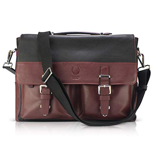 Corno d´Oro Bolsa para ordenador portátil de 15,6 pulgadas de cuero/bandolera para mujer y hombre, muchos compartimentos/elegante bolsa de negocios bolsa de hombro con organizador negro Lea, Negro Cover