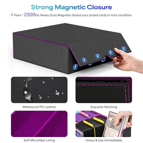 Image of UAONO Trading Card Storage Box, Holds 2400 Sleeved Cards with 24 Dividers & 4 Stoppers, Magnetic Closure PU Leather Card Case for MTG, PTCG, YGO, Sports Cards (Black&Purple)
