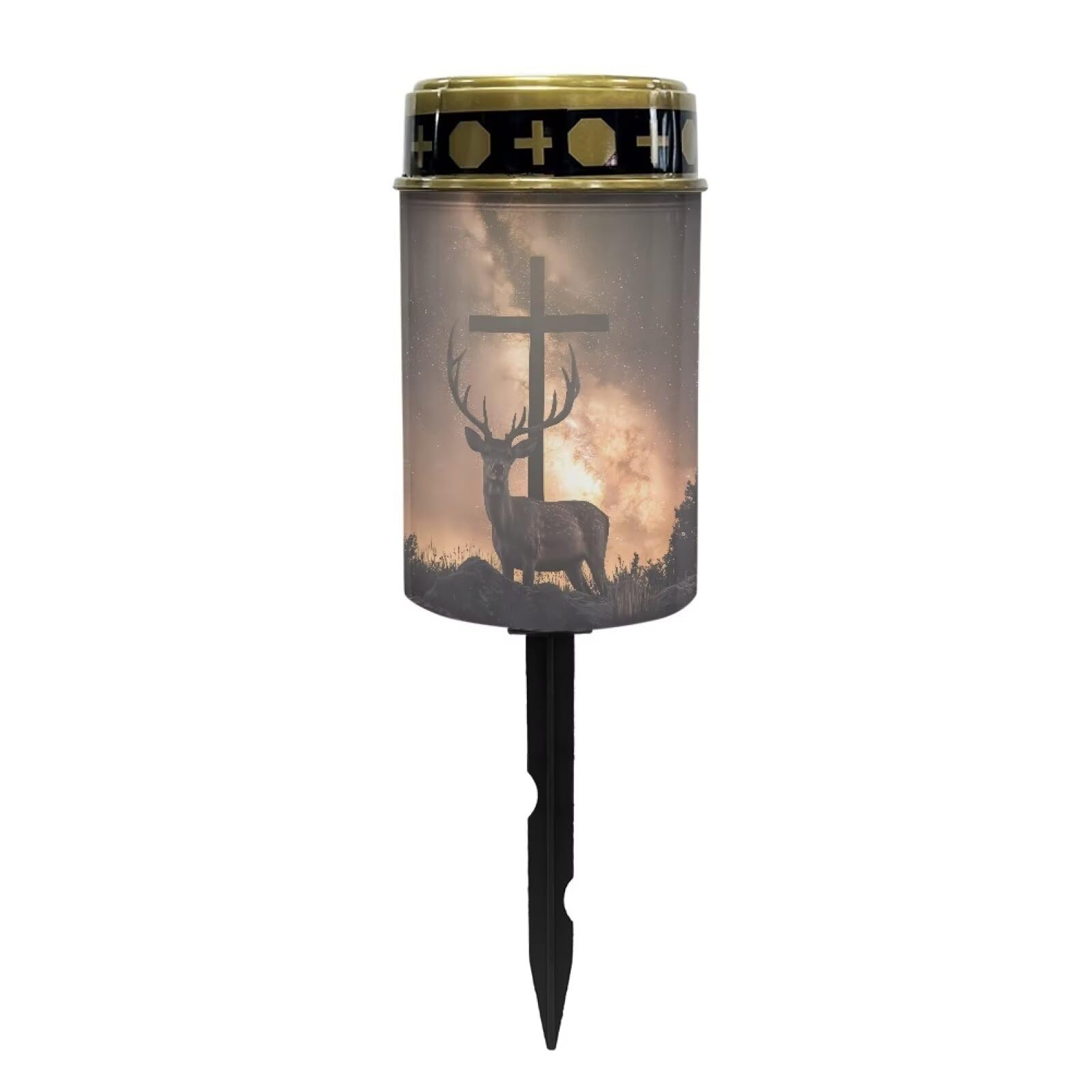 Poceacles Cross Solar Pathway Lights Outdoor Grave Solar Lights Outside Waterproof Cemetery Flameless Candles Outdoor Solar Candle Grave Markers Eternal Decor, Deer Cross Galaxy Brown