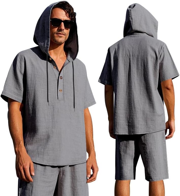 Men's 2 Piece Linen Outfits Short Sleeve Hooded Shirt and Beach Shorts Set Casual S...