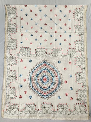 Image of SHRISTI CLOTHINGS Women's Hand Embroidered Cotton Silk Kantha Stitch Saree with Blouse Piece (SB420324 TWD76)