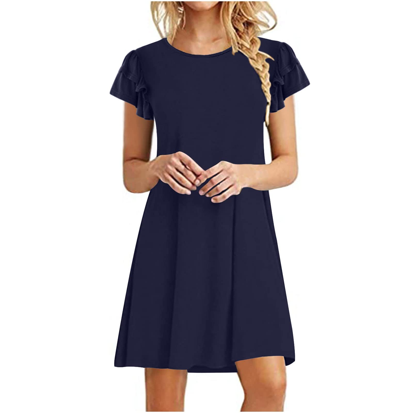 Stessotudo Women 2023 Summer Dresses Ruffle Short Sleeve Solid Casual Midi Dress Round Neck A Line Flowy Beach Lounge Dress