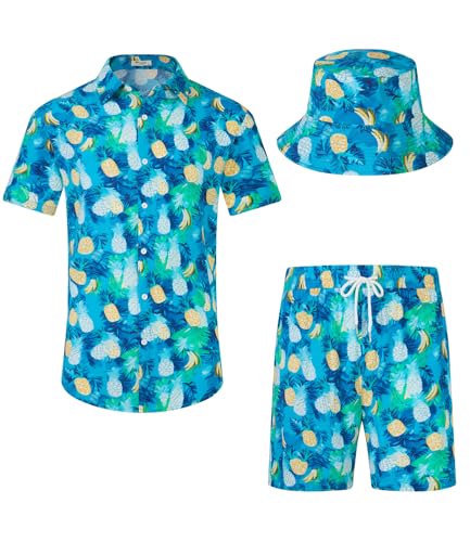 EISHOPEER Men's Hawaiian Matching Set Summer Beach 2 Piece Outfits Flower Button Down Shirts and Shorts Vacation Outfits Cyan Large