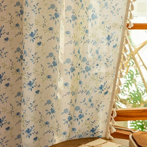 Image of MYSKY HOME Blue Floral Farmhouse Semi Sheer Curtains 84 Inches Long Linen Blend Boho Vintage Light Filtering Privacy Rustic Country Drapes with Tassel Back Tab for Living /Dining Room, 50 inch Wide, 2 Pcs