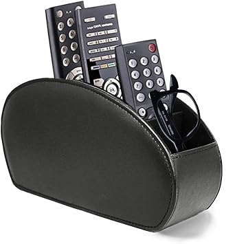 Remote Control Holder Organizer with Metal Bottom Stitching Stable PU Leather Control Caddy Storage TV Remote Control Organizer with 5 Spacious Compartments Black, Metal Bottom
